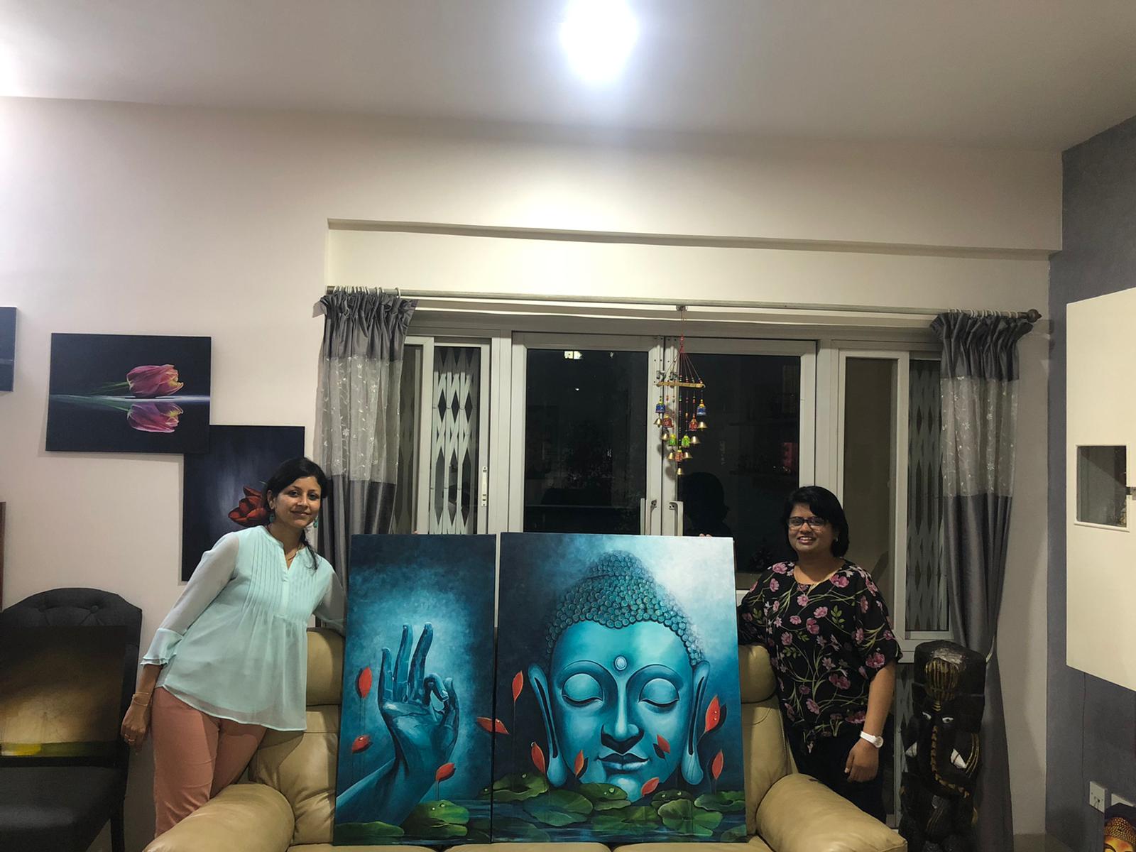 A happy client with the finished Buddha painting